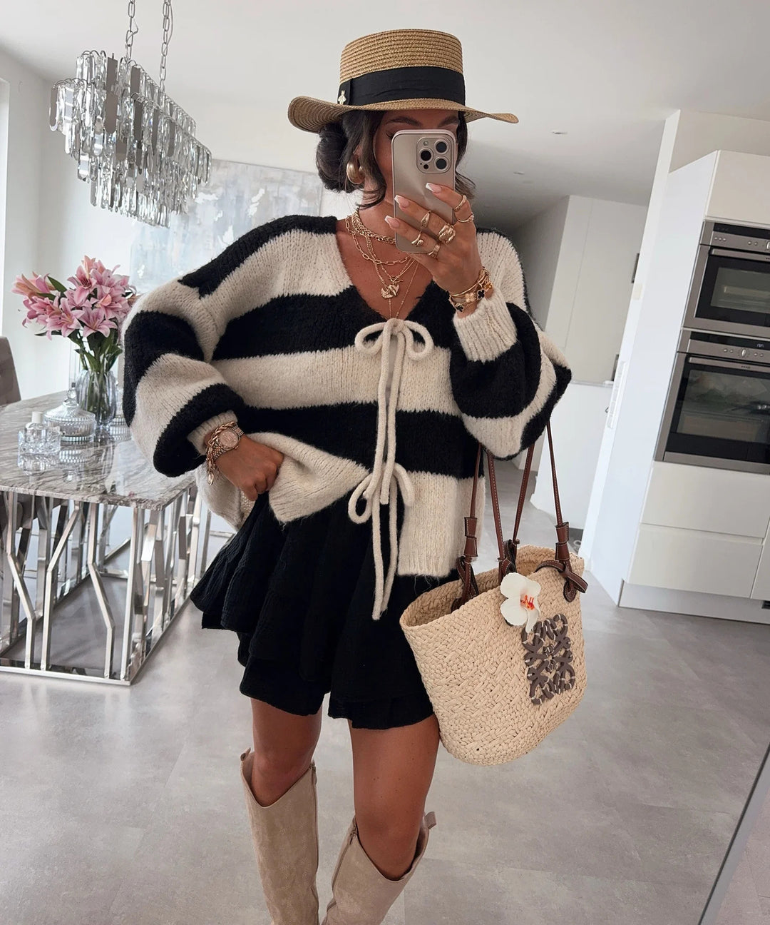 Damen lockere Strickjacke mit breiten Streifen und Bindegürtel R&B