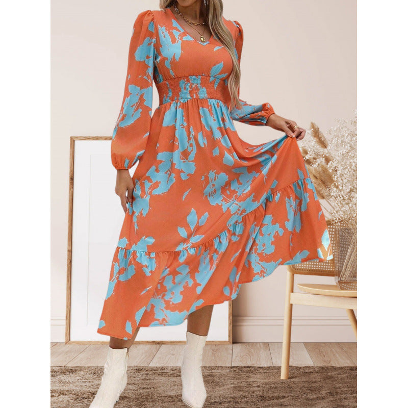 Damen Langarm Maxikleid mit floralen Mustern und voluminösen Ärmeln R&B