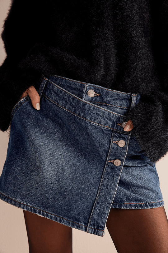 Damen modischer A-Linien-Denimrock mit asymmetrischem Knopfdesign und praktischen Taschen R&B