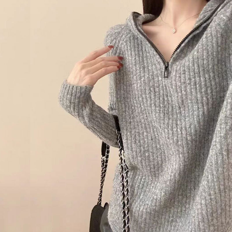 Damen lässiger Strickpullover mit hochgezogenem Kragen und Reißverschluss R&B