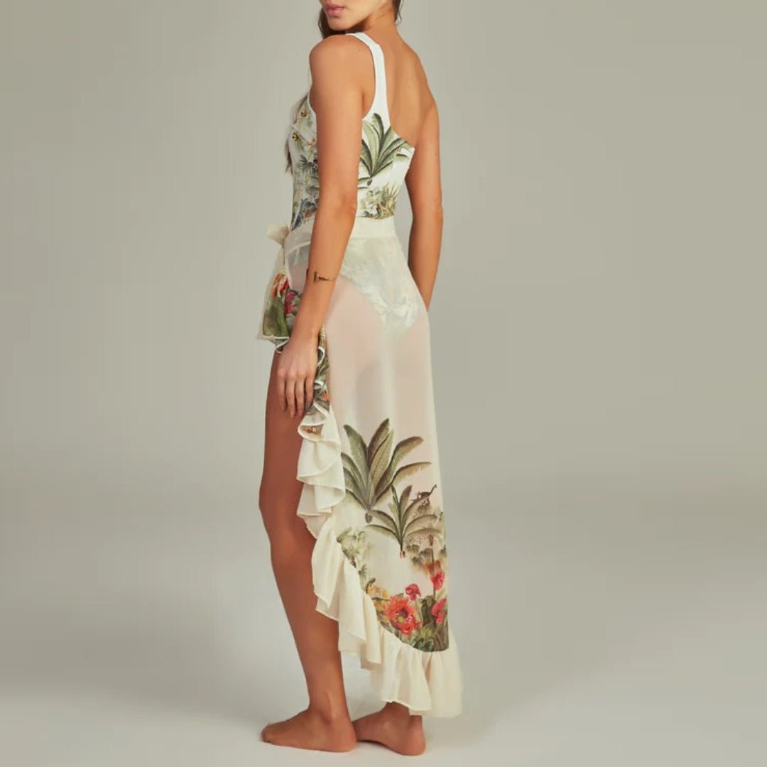 Damen Einseitiger Badeanzug mit raffiniertem Cut-Out und floralem Design R&B