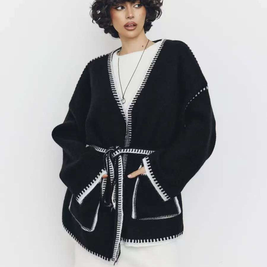 Damen Komfortabler Strick-Cardigan mit praktischen Taschen und Taillengürtel