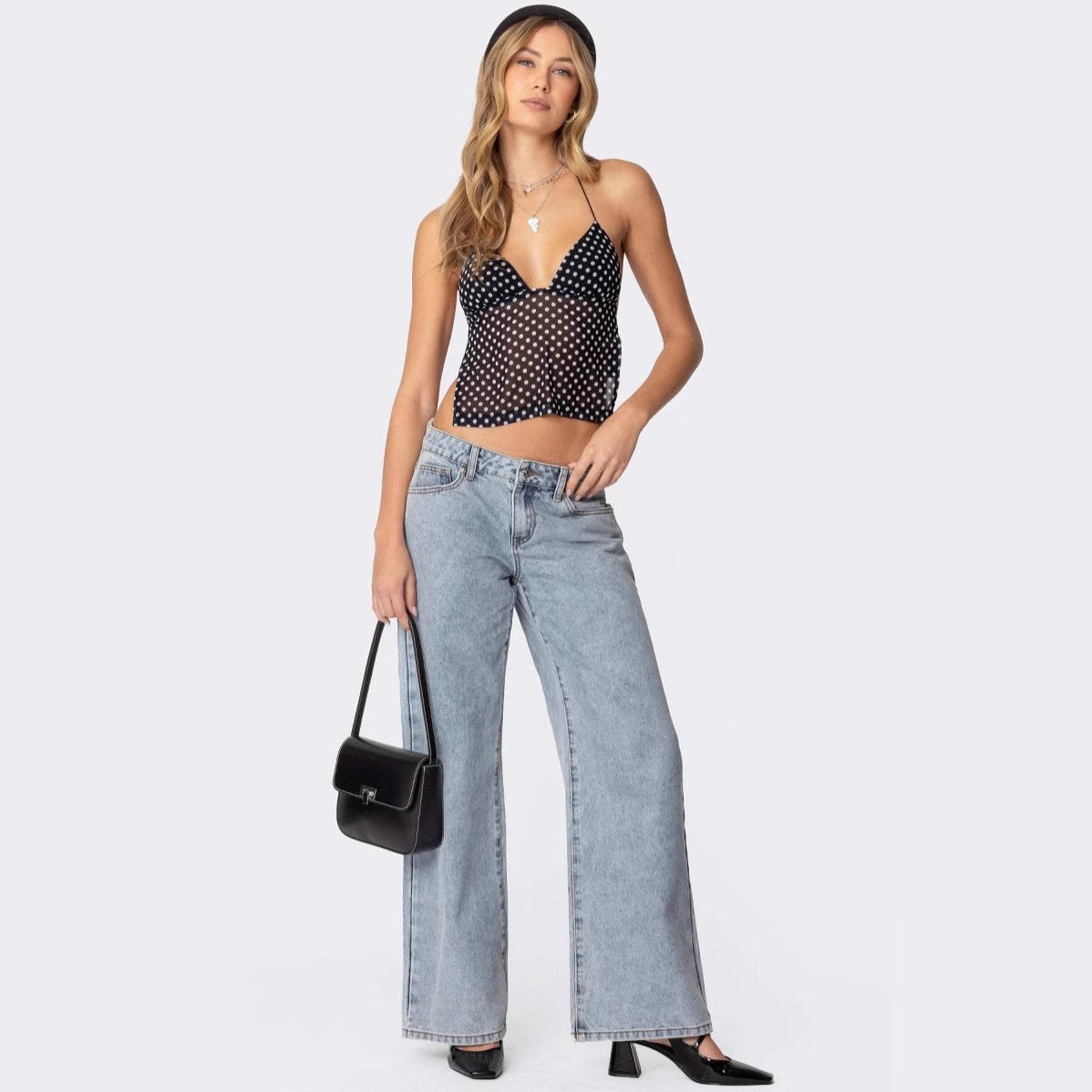 Damen Transparente Bluse mit Punktmuster und dehnten Trägern R&B