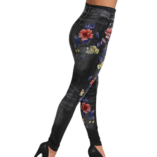 Damen Hochtaillierte Leggings im Jeans-Look mit floralem Motiv R&B