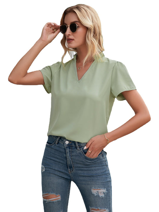 Damen elegantes V-Ausschnitt Blusenshirt aus fließendem Material R&B