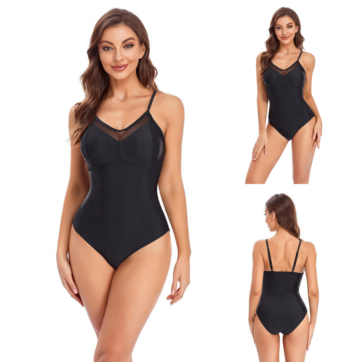 Damen Eleganter Einteiler Badeanzug mit transparenten Einsätzen R&B