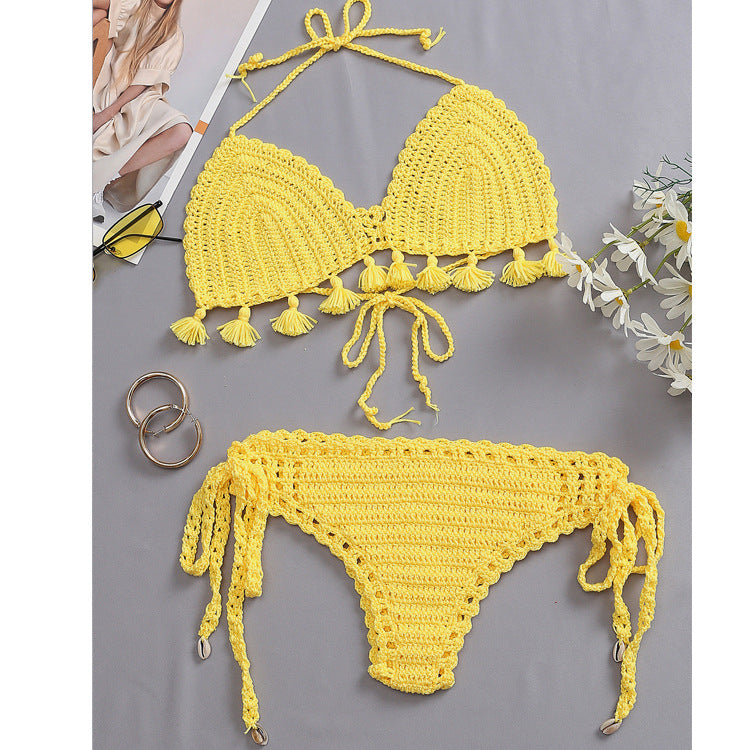 Damen Häkel-Bikini-Set mit fransigen Akzenten und verstellbaren Trägern R&B