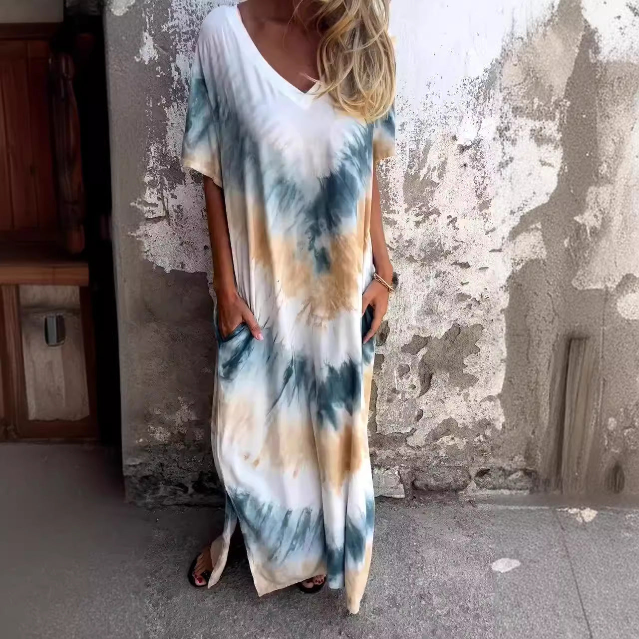 Damen Maxikleid mit lässigem V-Ausschnitt und praktischen Taschen R&B