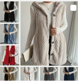 Damen Kuschelige Fleece-Weste mit Kapuze und Knopfverschluss R&B
