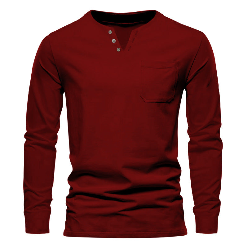 Herren Langarm-Henley-Shirt mit praktischer Brusttasche und modischem Knopfdesign R&B