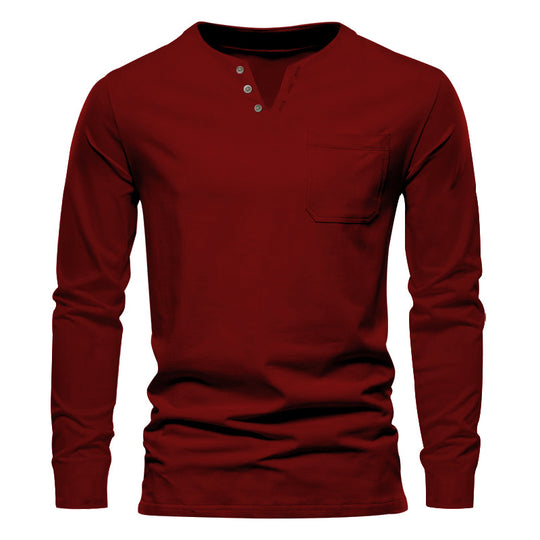 Herren Langarm-Henley-Shirt mit praktischer Brusttasche und modischem Knopfdesign R&B