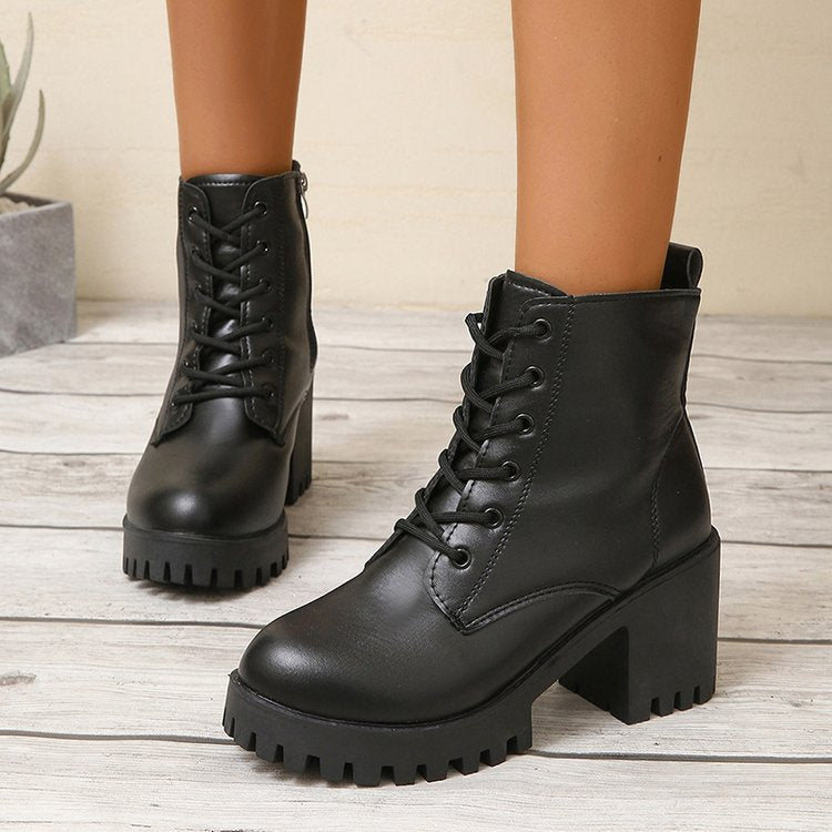 Damen High-Top Stiefeletten mit robustem Blockabsatz und Schnürung R&B