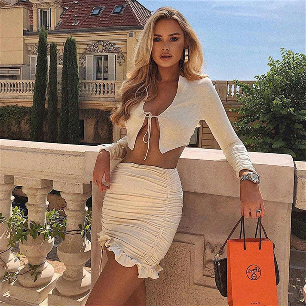 Damen Crop-Top und Mini-Rock Set mit Raffung und romantischem Volant EB