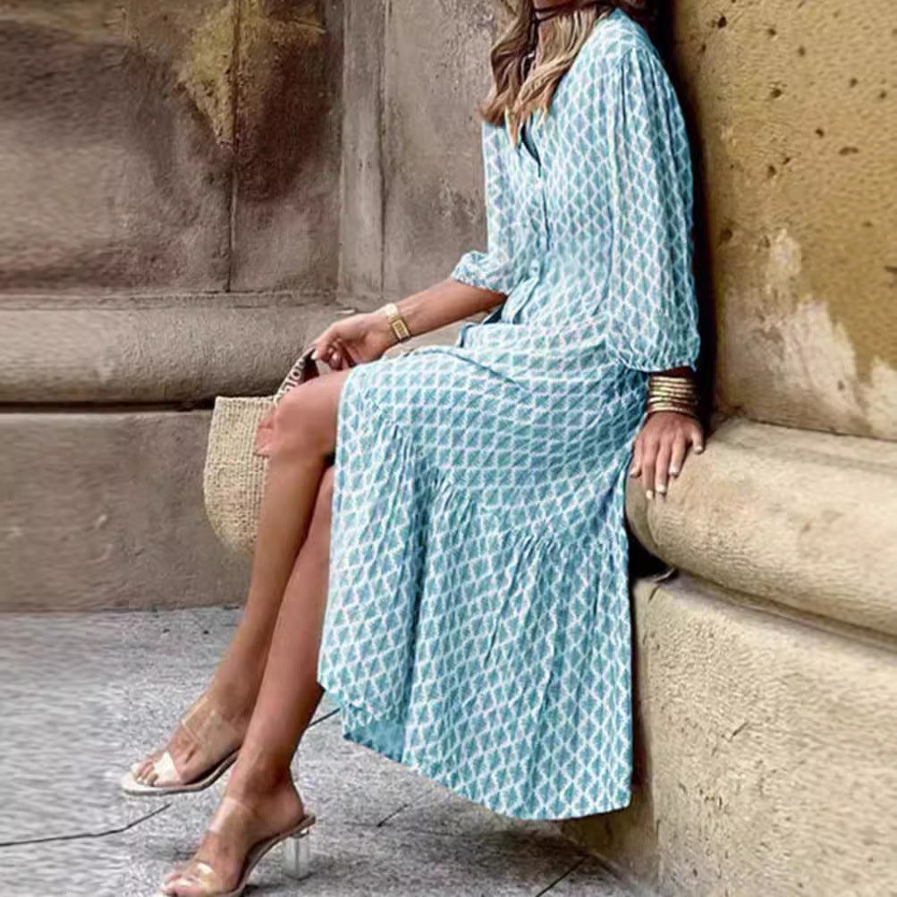 Damen nan leichtes gemustertes Midikleid mit V-Ausschnitt, Knopfleiste, Stufenrock und Ballonärmeln R&B