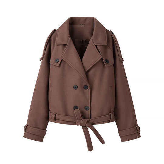 Damen elegante Kurzmantel mit doppelter Knopfreihe und Taillengürtel R&B