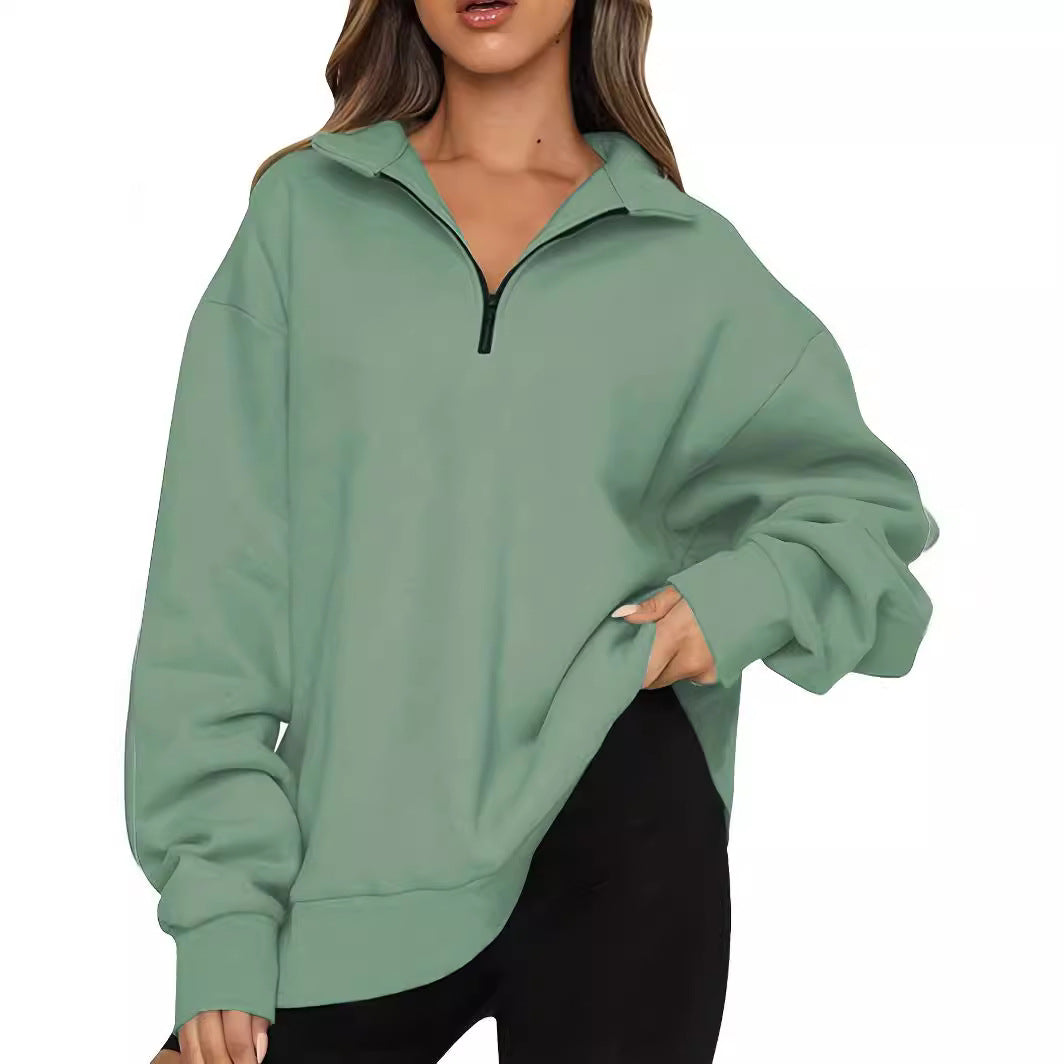 Damen nan Oversized Sweatshirt mit Kurzreißverschluss, Stehkragen und Kängurutasche R&B