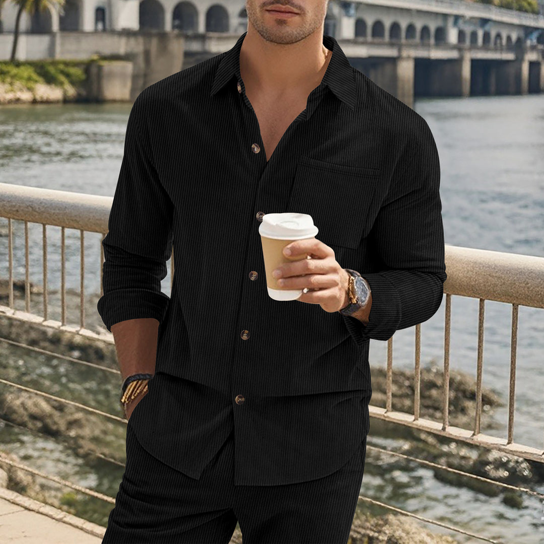 Herren gestreiftes Langarmshirt mit modischem Stehkragen und praktischer Brusttasche R&B