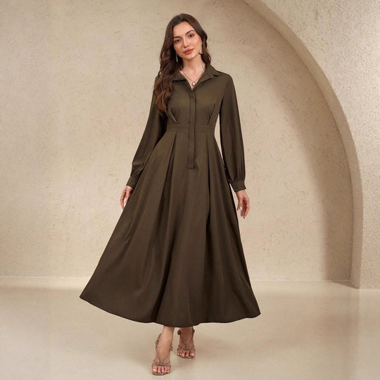 Damen Elegantes Hemdblusenkleid mit schwingendem Rock und praktischen Taschen R&B