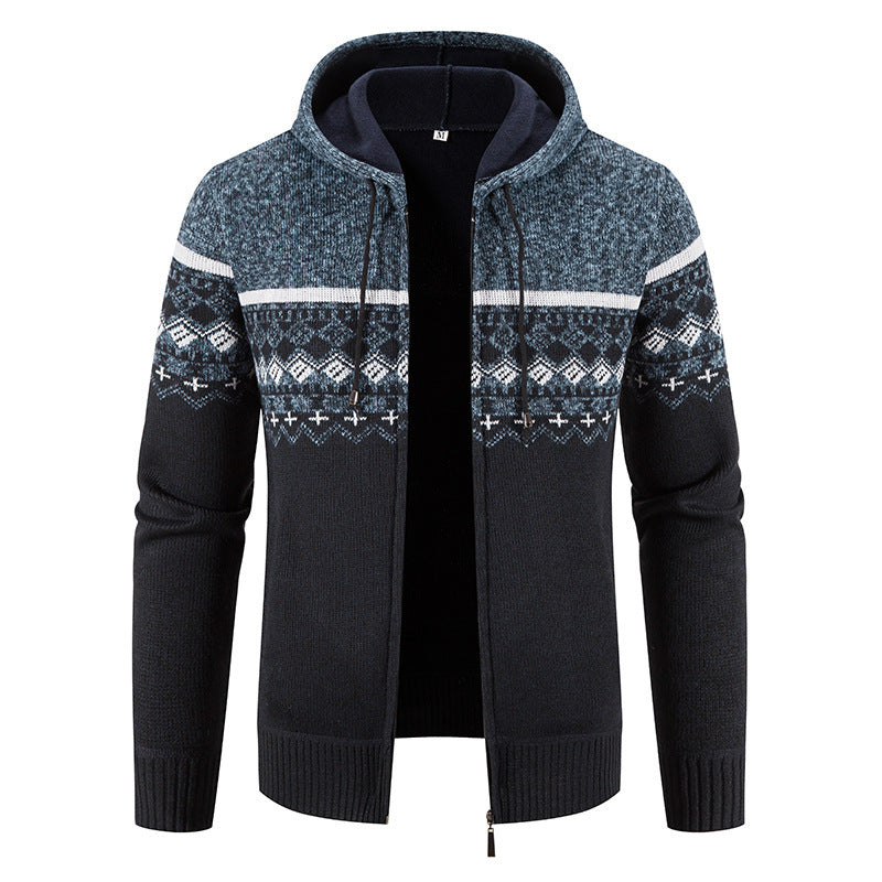 Herren nan gefütterte Strick-Zipjacke im Norwegerstil mit Kapuze und Thermofleece R&B