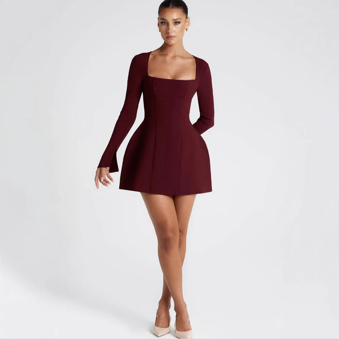 Damen Figurbetontes Minikleid mit elegantem quadratischem Ausschnitt und langen Ärmeln R&B