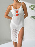 Damen Häkel-Strandkleid mit sexy Schlitz und Blumenapplikationen R&B