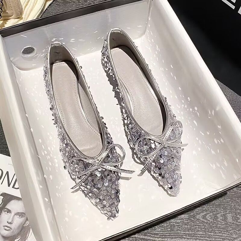Damen funkelnde Ballerinas mit spitzem Zehenbereich und dekorativem Paillettenschmuck R&B