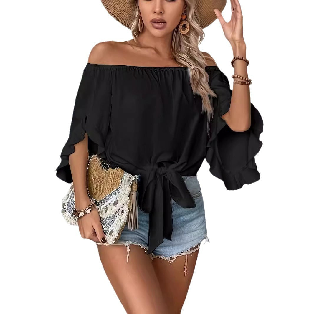 Damen Off-Shoulder-Bluse mit Rüschendetails und Taillenbindung R&B