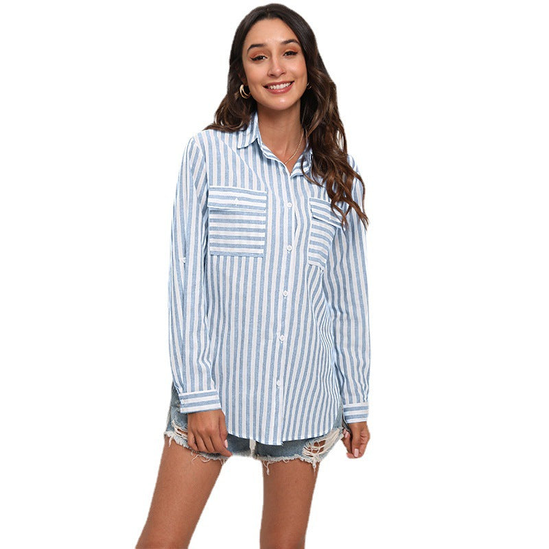 Damen gestreiftes Oversized-Hemd mit eleganten Knopfdetails R&B