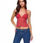 Damen luftiges Polka-Dots Oberteil mit tiefem V-Ausschnitt und Trägern R&B