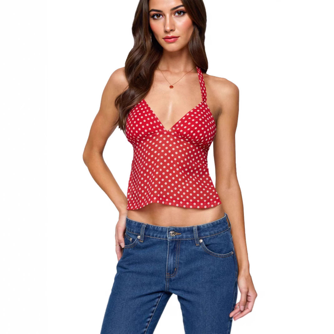 Damen luftiges Polka-Dots Oberteil mit tiefem V-Ausschnitt und Trägern R&B