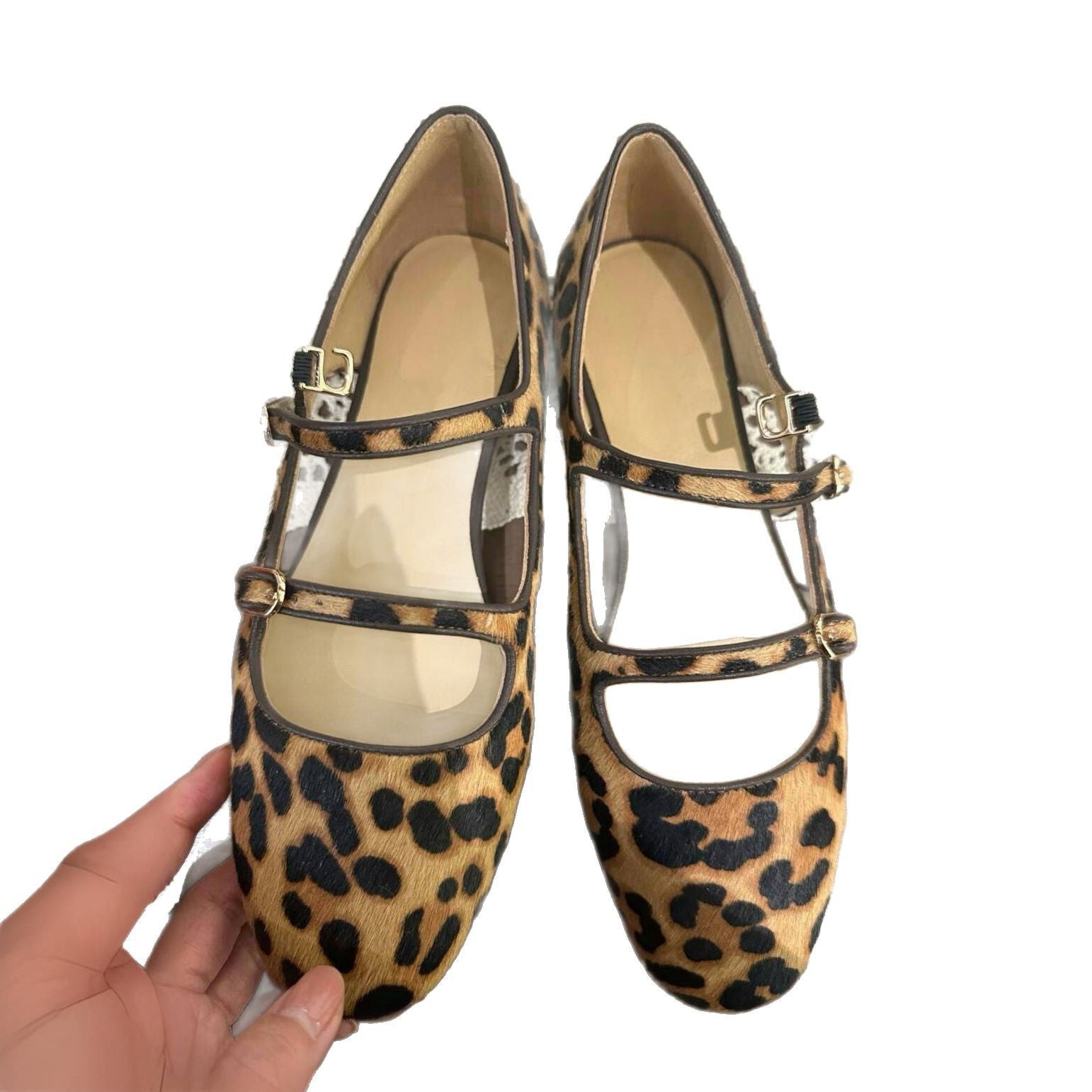 Damen Ballerina mit modischem Leopardenmuster und zweifachem Riemendesign
