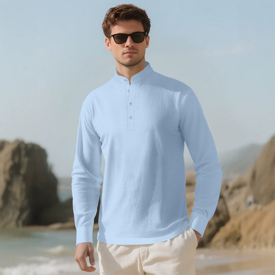 Herren nan Nehru-Kragen-Henley aus Baumwollstretch mit verdeckter Knopfleiste und schmaler Passform R&B