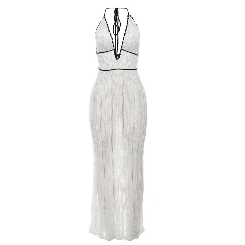 Damen Strick Maxikleid mit tiefem V-Ausschnitt und Bindebändern R&B