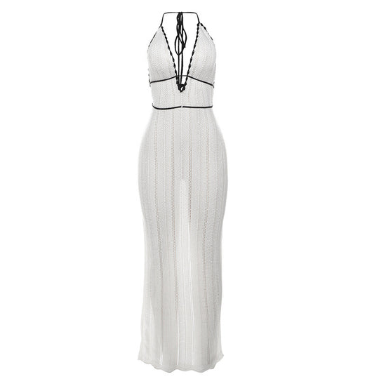 Damen Strick Maxikleid mit tiefem V-Ausschnitt und Bindebändern R&B
