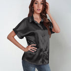 Damen Satin-Bluse mit großem Kragen und überschnittenen Schultern R&B