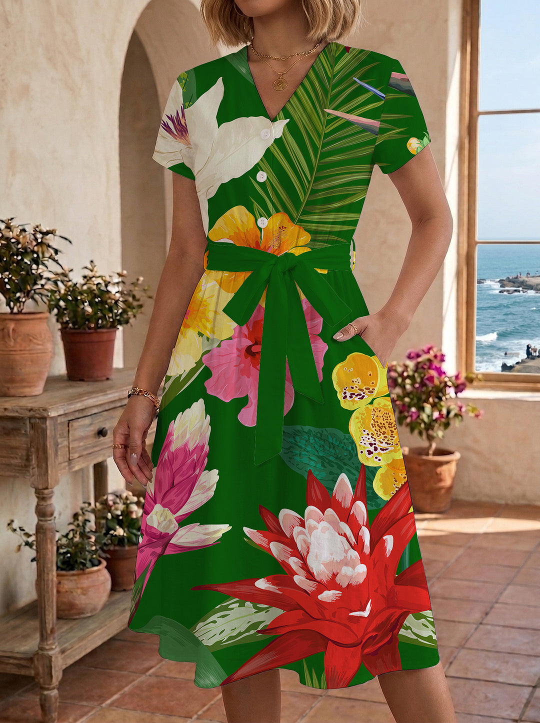 Damen Midikleid mit floralem Motiv und Taillengürtel R&B