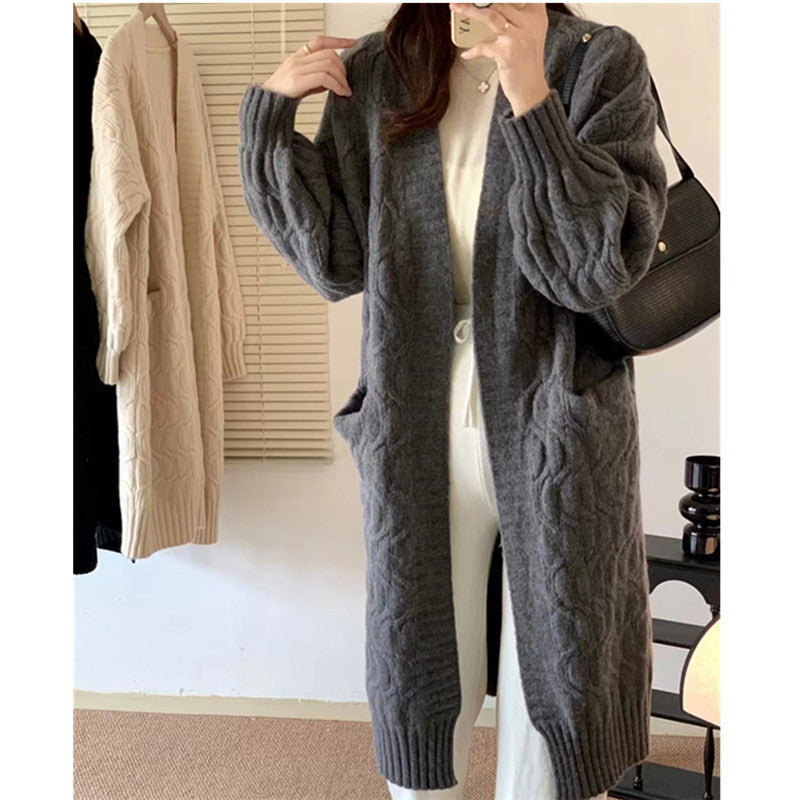 Damen Langer Strickcardigan mit voluminösen Ärmeln und praktischen Taschen R&B