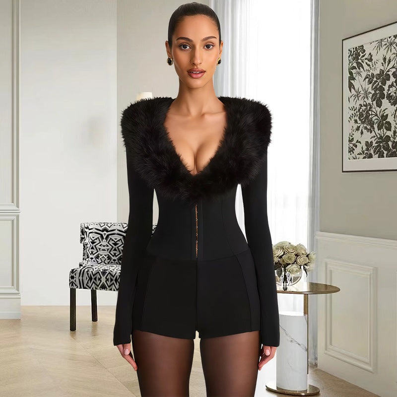 Damen Jumpsuit mit königlichem Fellkragen und figurbetontem Schnitt R&B