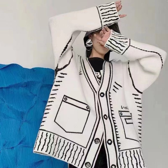 Damen Oversized Strickjacke mit kreativem Design und großen Knöpfen R&B