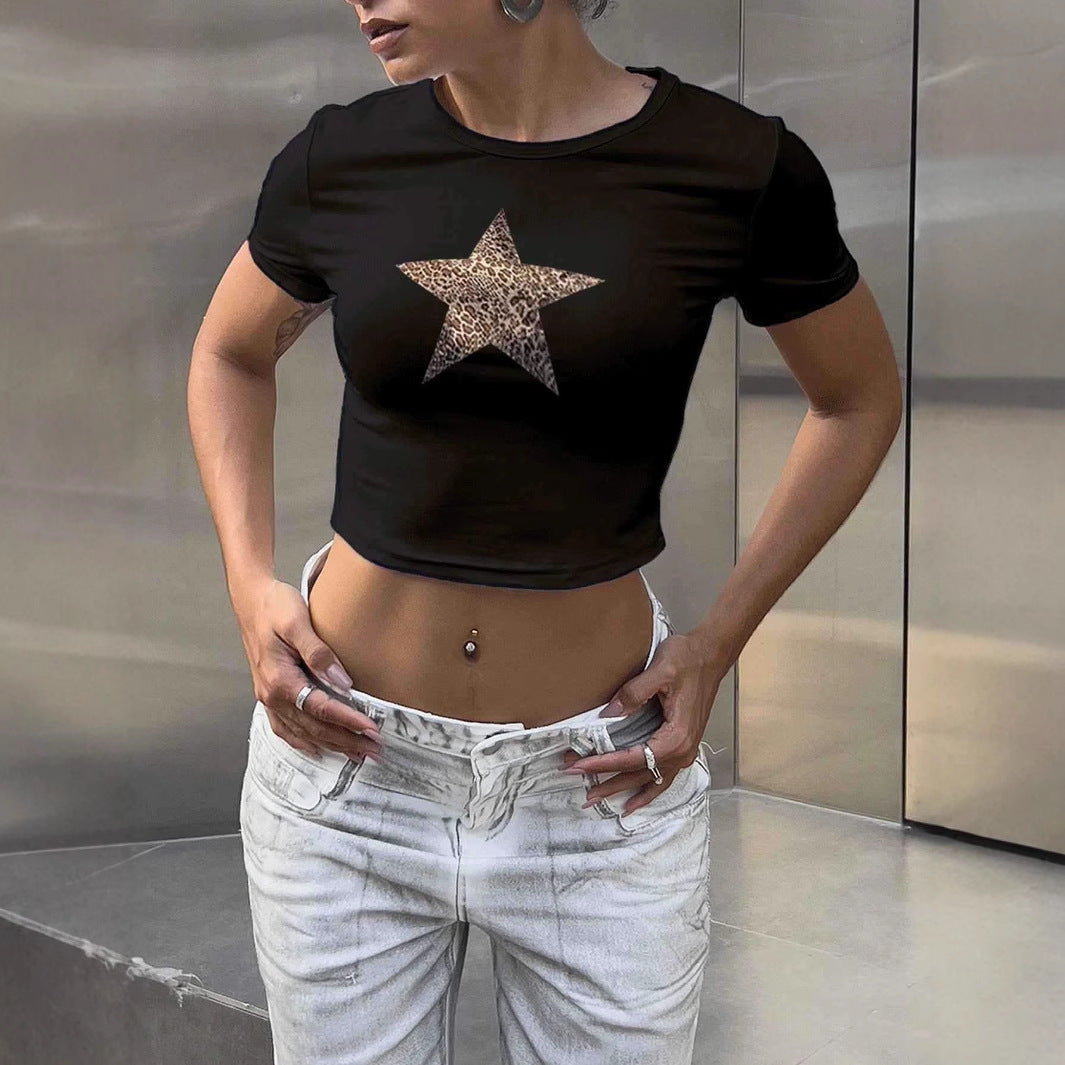 Damen Crop-T-Shirt mit stilvollem Leopardenstern-Design R&B