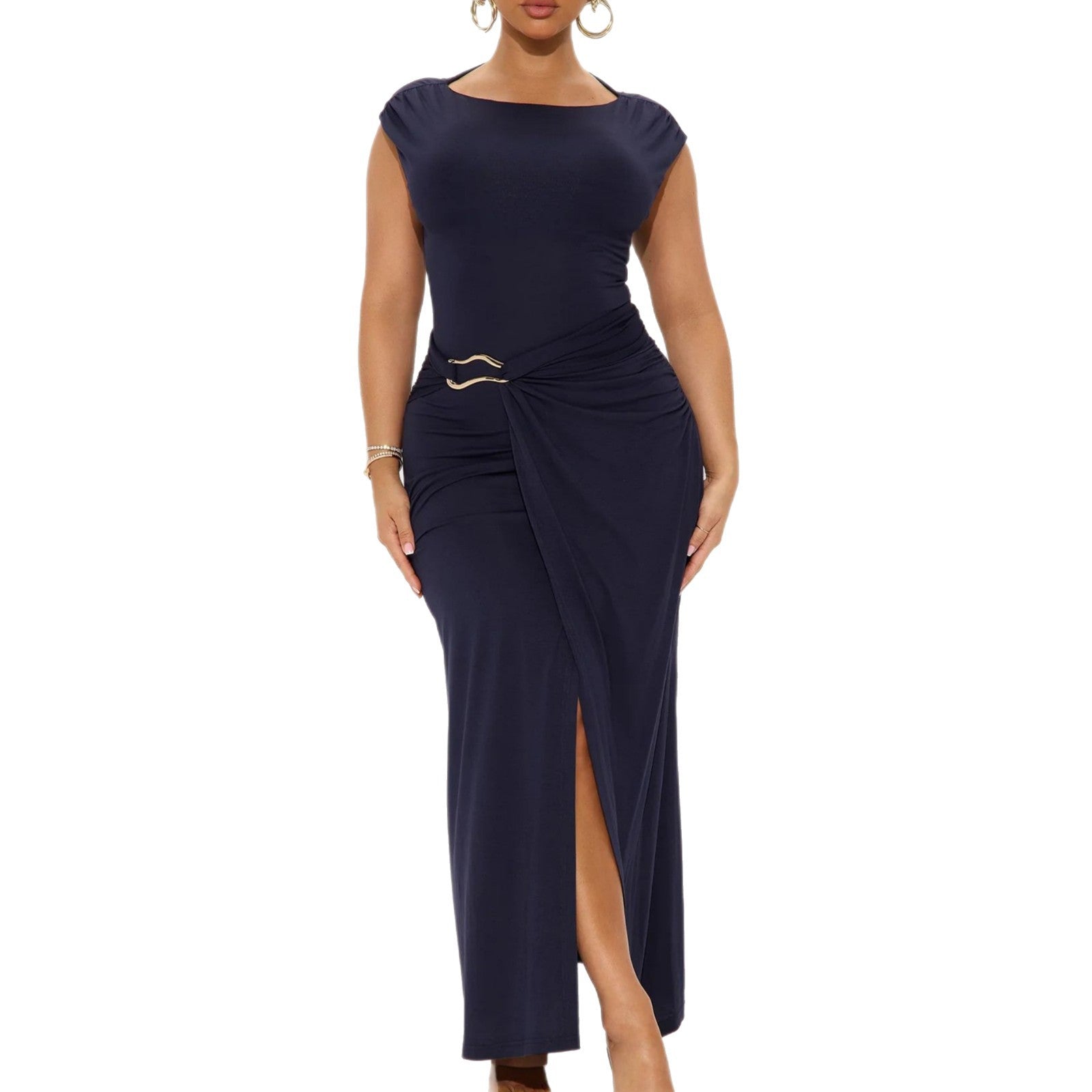 Damen Elegantes Wickelkleid mit seitlichem Schlitz und Gürtel R&B