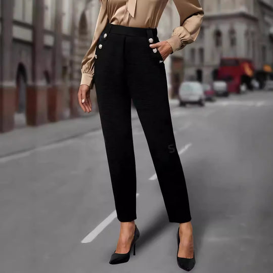 Damen elegante Anzughose mit doppeltem Knopfverschluss und schmalem Bein R&B