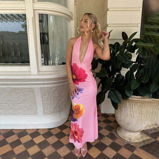 Damen Maxikleid mit tiefem V-Ausschnitt und floralen Akzenten R&B