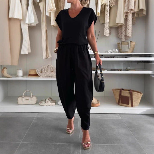 Damen lässiger Jumpsuit mit elastischem Bund und praktischen Taschen R&B