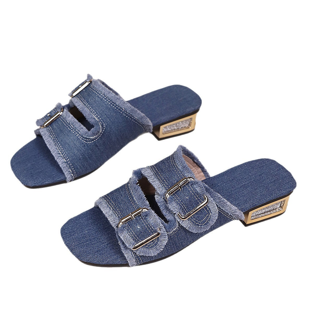 Damen Designer-Pantoletten mit modischen Schnallen und fransigem Denim- Obermaterial R&B