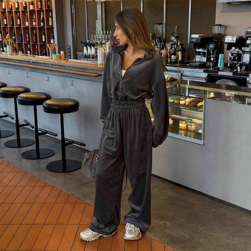 Damen Eleganter Fleece-Jumpsuit mit hohem Kragen und weit geschnittenen Beinen R&B