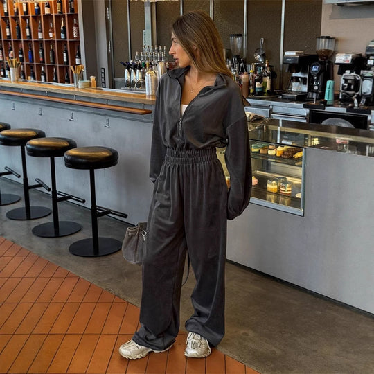 Damen Eleganter Fleece-Jumpsuit mit hohem Kragen und weit geschnittenen Beinen R&B