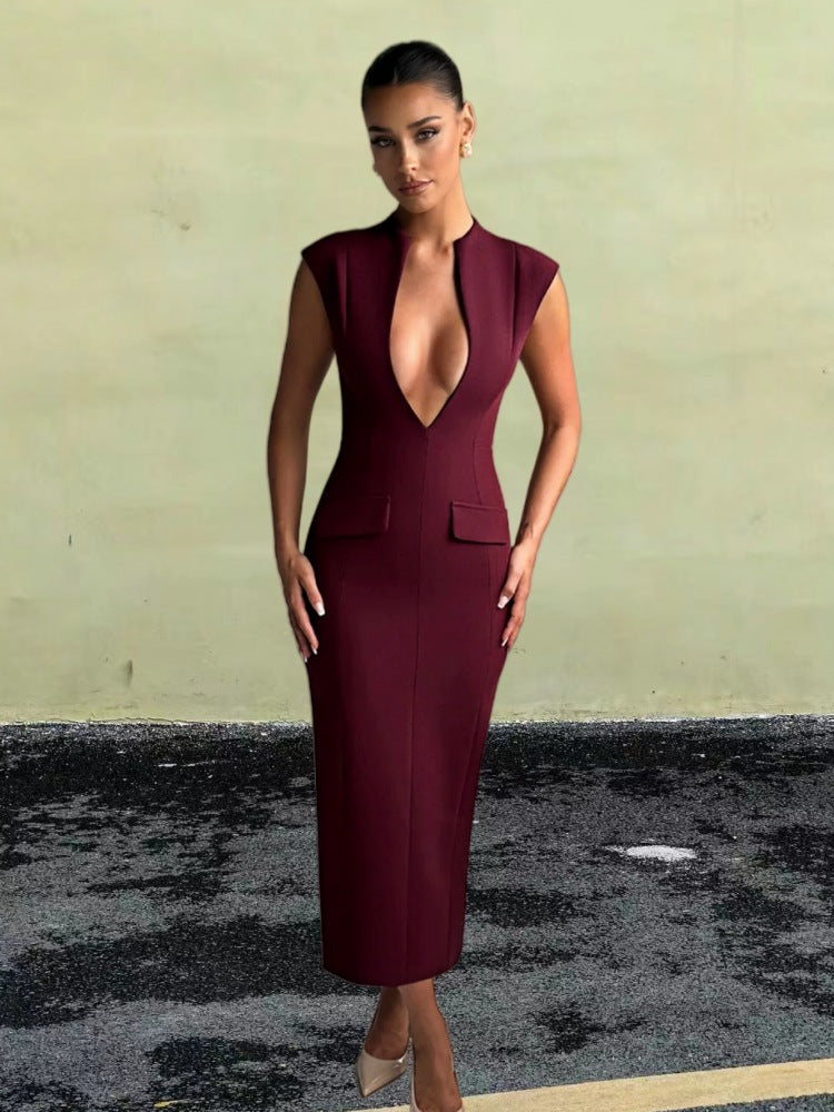 Damen elegantes Figurbetontes Kleid mit tiefem V-Ausschnitt und praktischen Taschen R&B
