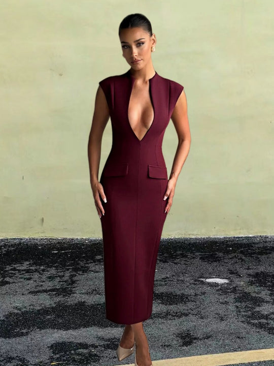 Damen elegantes Figurbetontes Kleid mit tiefem V-Ausschnitt und praktischen Taschen R&B
