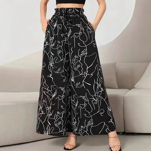 Damen Weite Palazzo-Hose mit elastischem Bund und künstlerischem Muster R&B